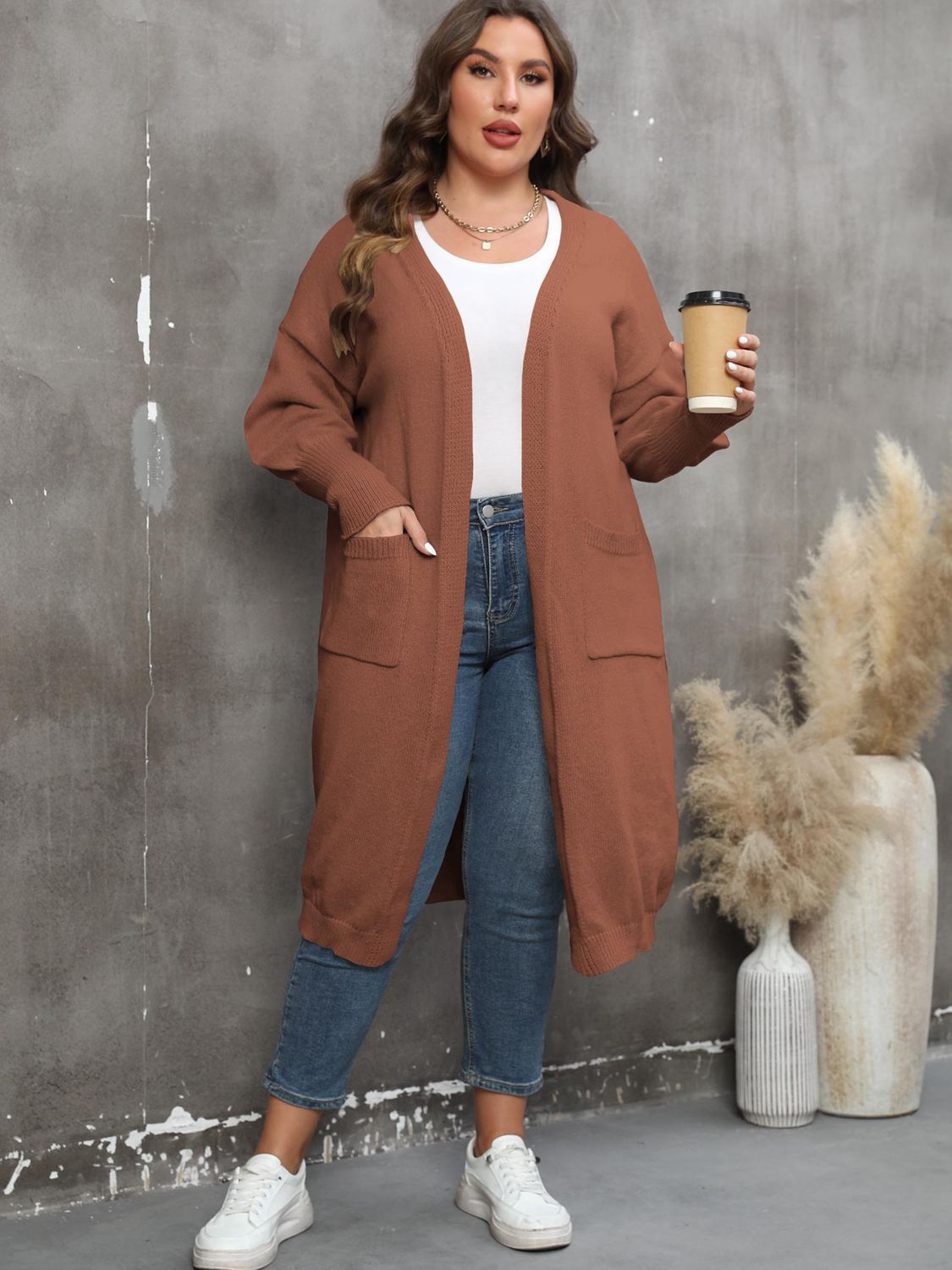 Plus Size Long Sleeve Pocketed Cardigan - The Beaucoup Home