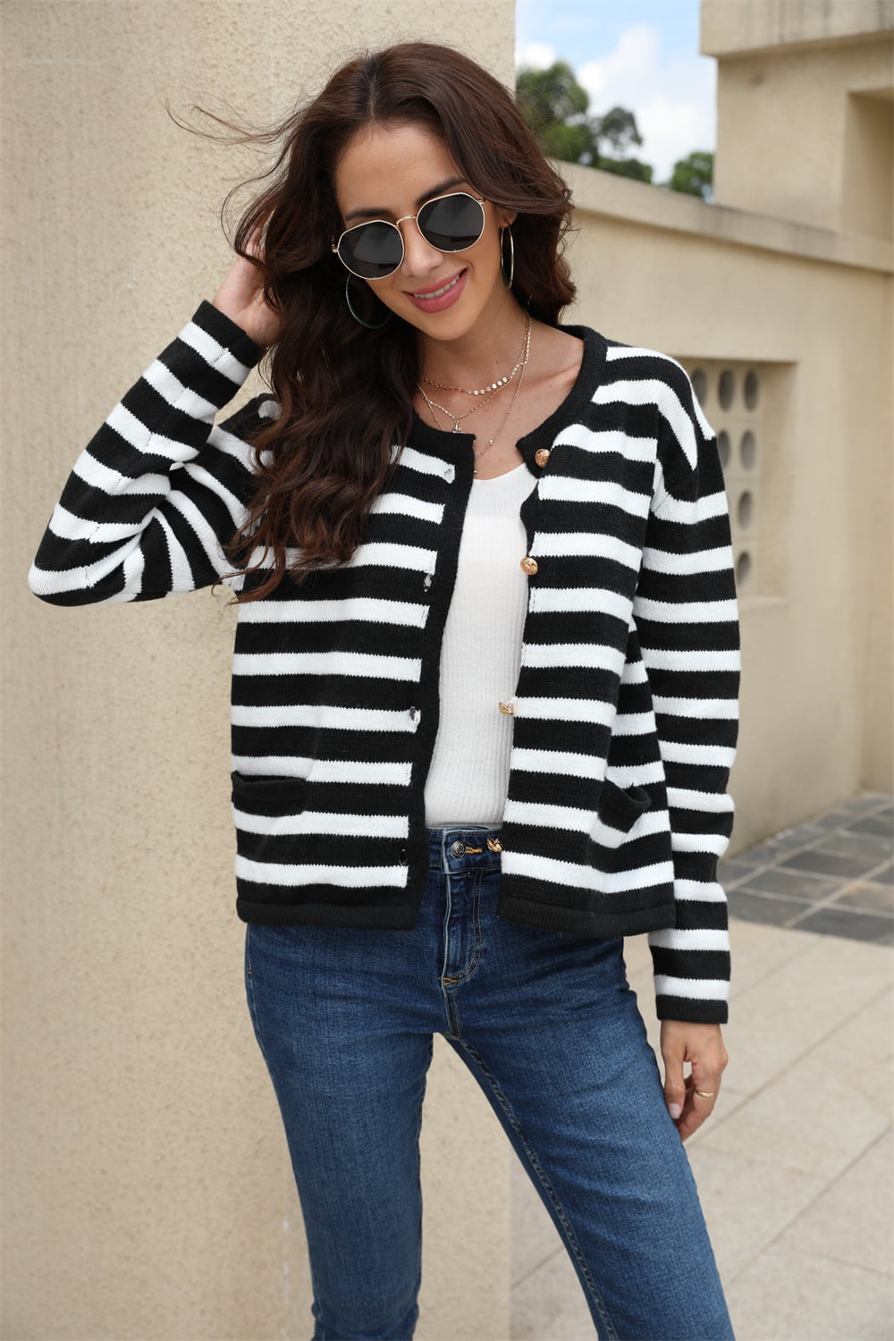 Striped Round Neck Button-Down Dropped Shoulder Cardigan - The Beaucoup Home