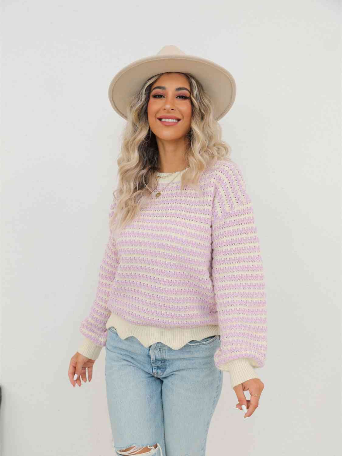 Striped Buttoned Round Neck Sweater - The Beaucoup Home