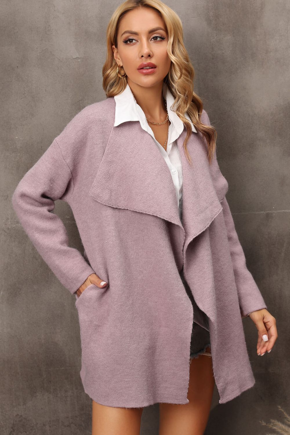 Waterfall Collar Longline Cardigan with Side Pockets - The Beaucoup Home