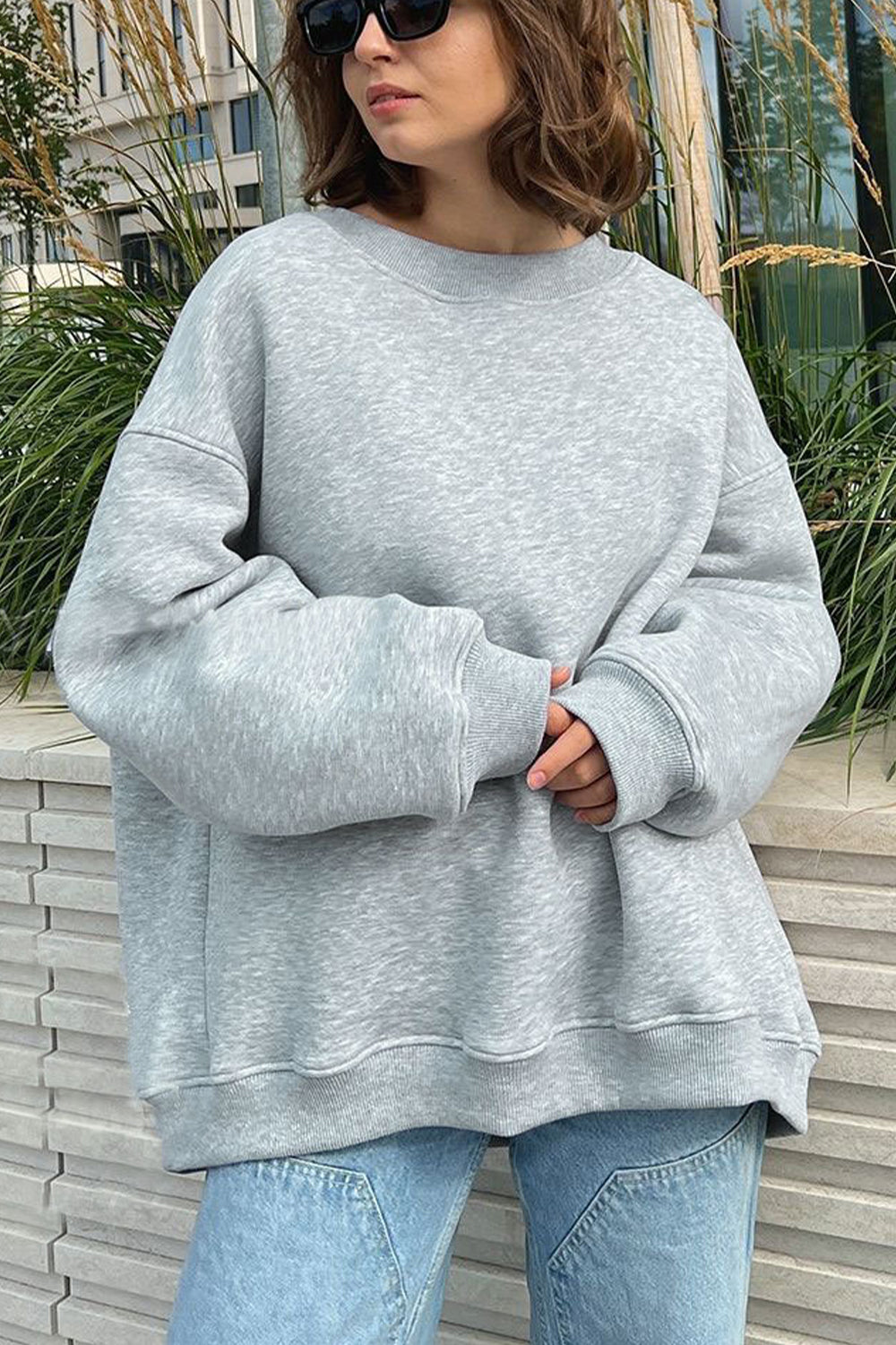 Oversize Round Neck Dropped Shoulder Sweatshirt - The Beaucoup Home