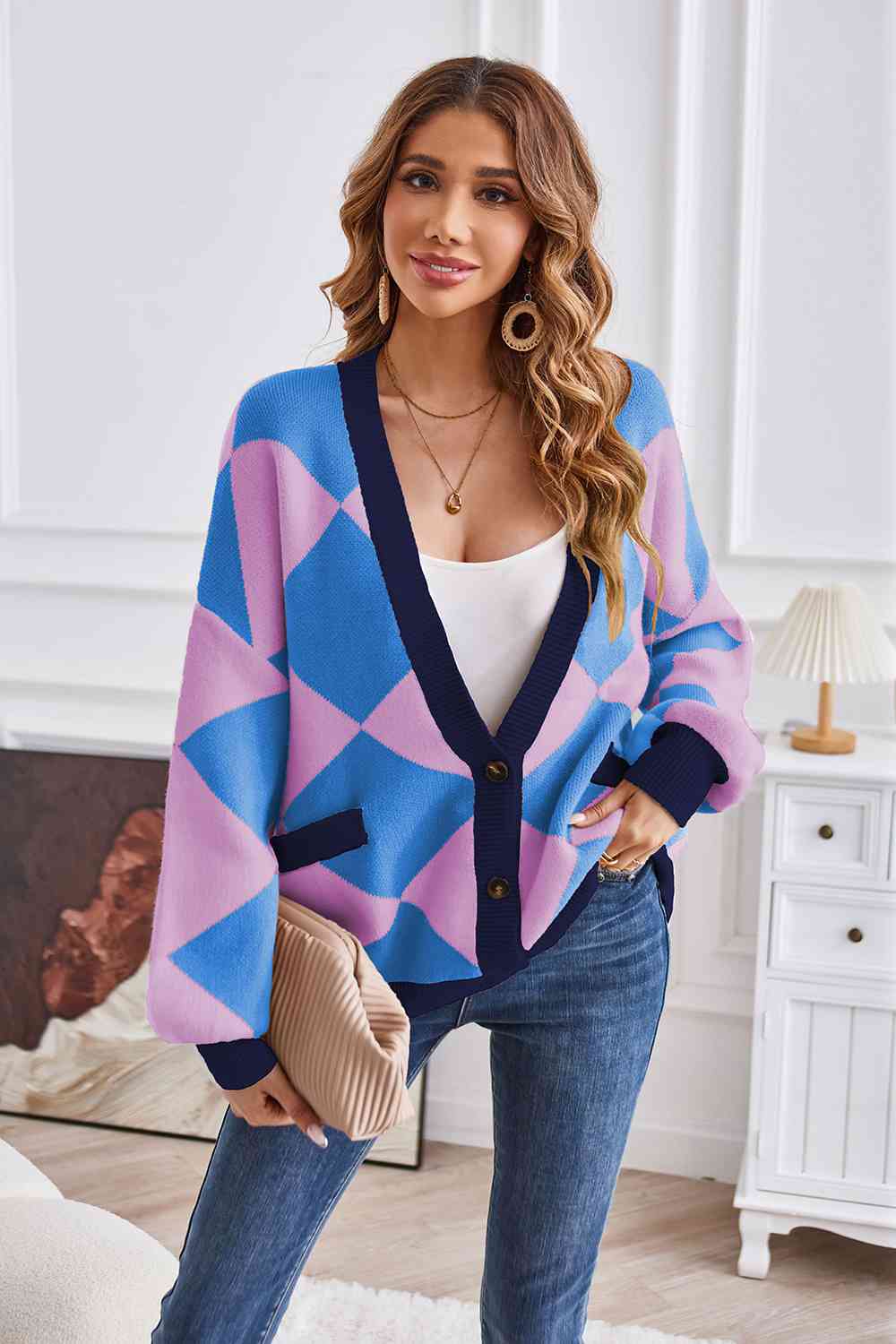 Geometric Lantern Sleeve Cardigan with Pockets - The Beaucoup Home