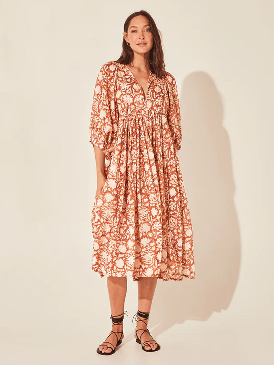 Floral Tie Neck Lantern Sleeve Dress - The Beaucoup Home