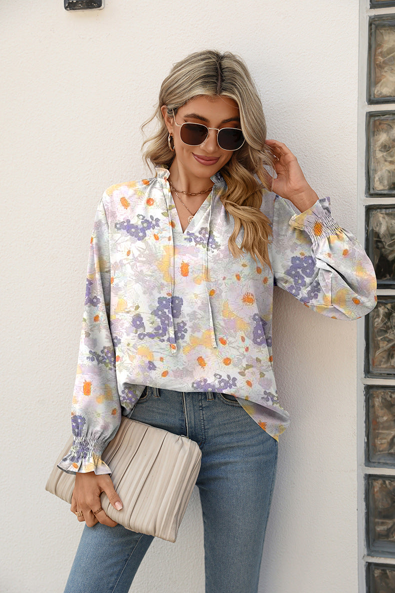 Printed Tie Neck Flounce Sleeve Blouse - The Beaucoup Home