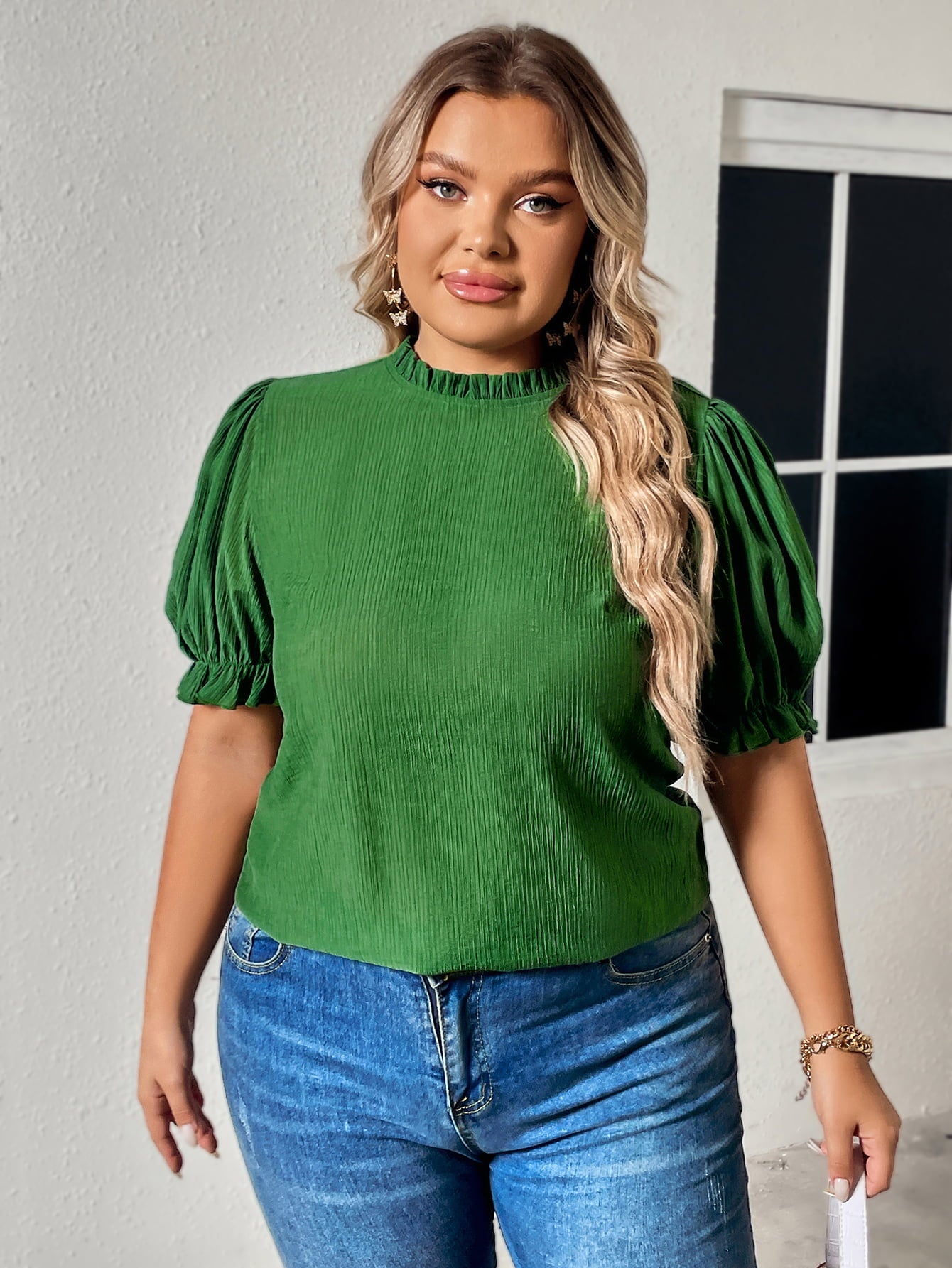 Plus Size Round Neck Flounce Sleeve Blouse - The Beaucoup Home