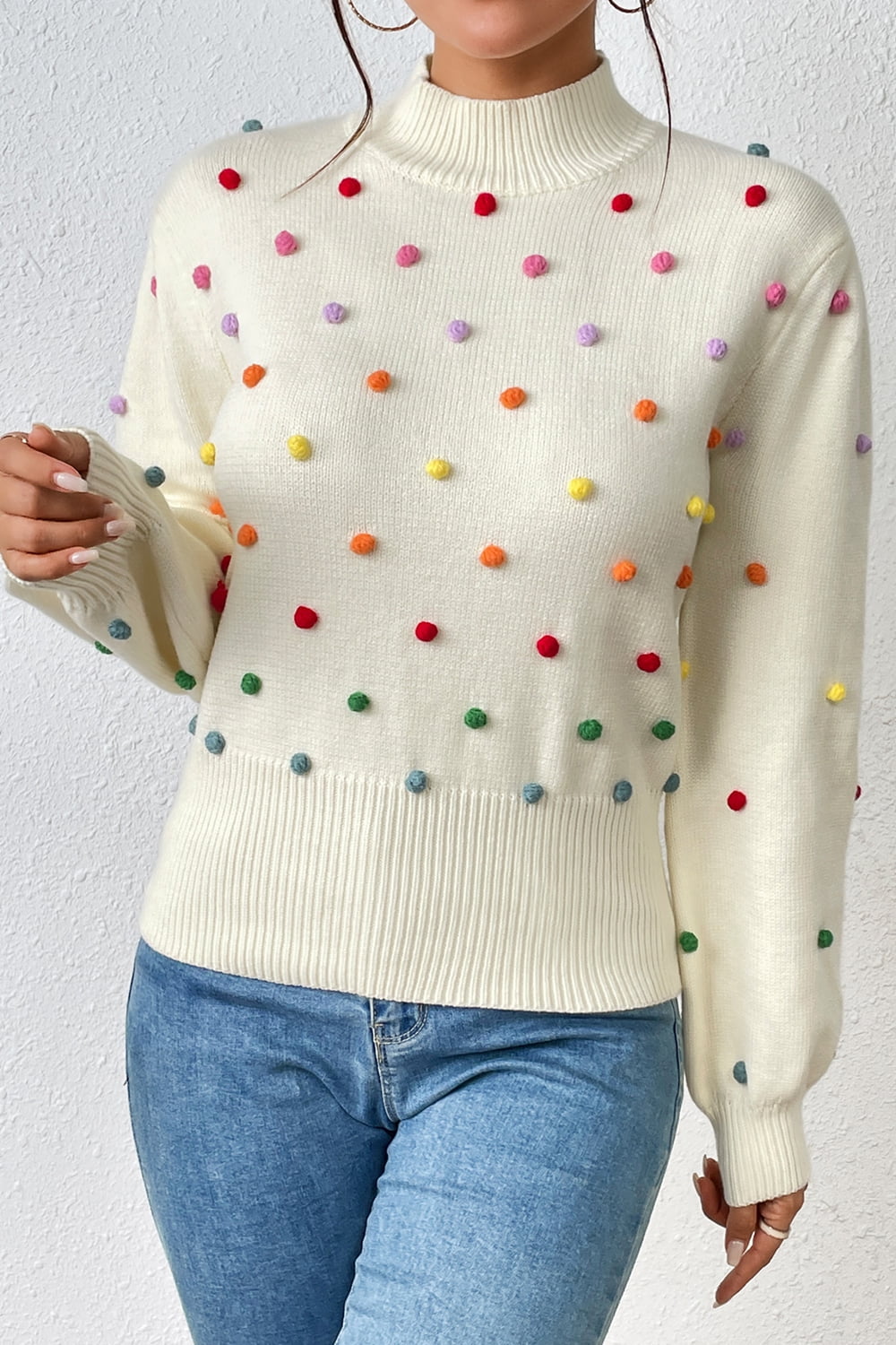 Pom-Pom Trim Mock Neck Long Sleeve Pullover Sweater - The Beaucoup Home