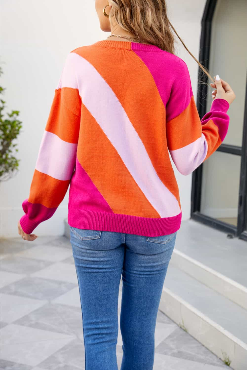 Color Block Ribbed Round Neck Sweater - The Beaucoup Home