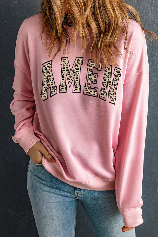 Round Neck Dropped Shoulder AMEN Graphic Sweatshirt - The Beaucoup Home