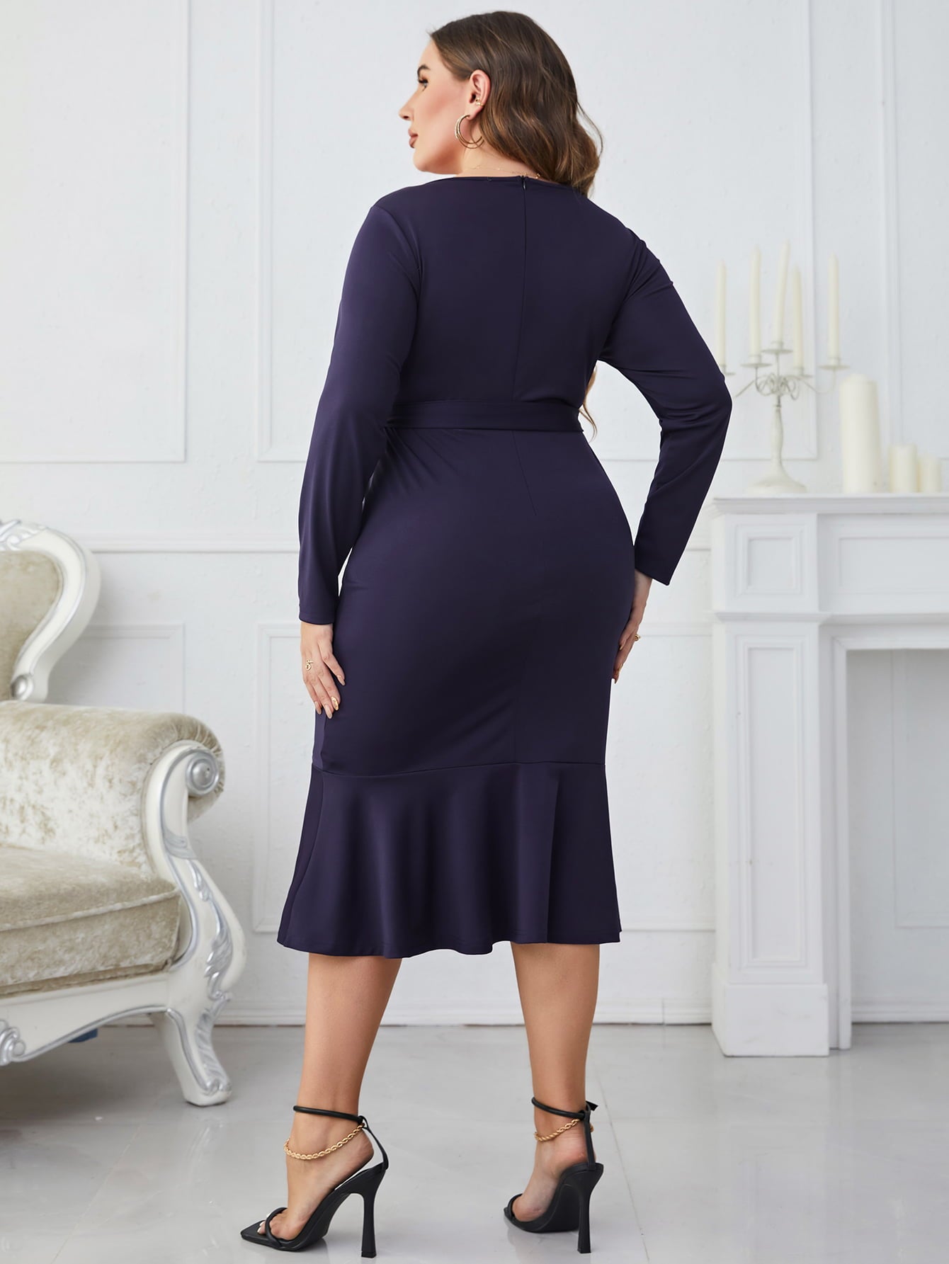 Melo Apparel Plus Size Buttoned Round Neck Tie Belt Midi Dress - The Beaucoup Home