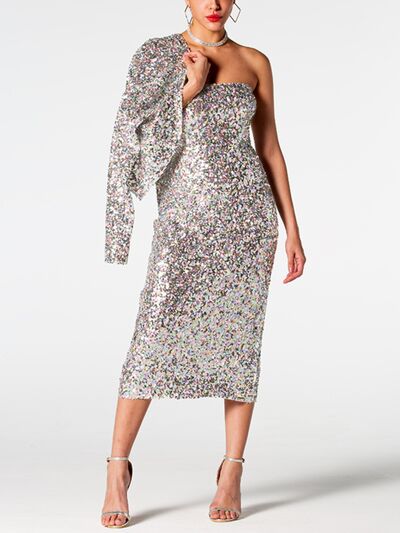 Sequin Cardigan and Straight Dress Set - The Beaucoup Home