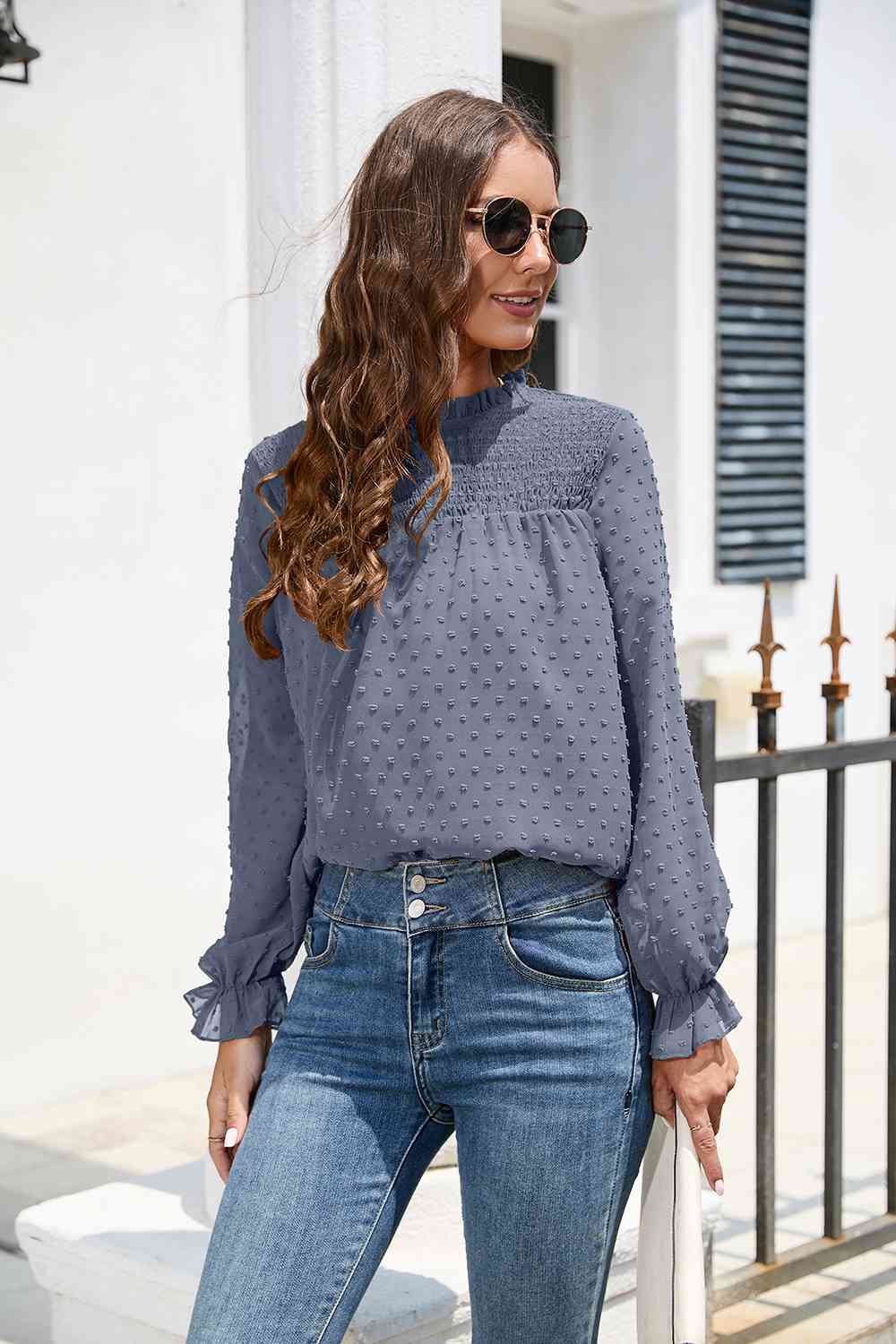 Smocked Mock Neck Swiss Dot Top - The Beaucoup Home