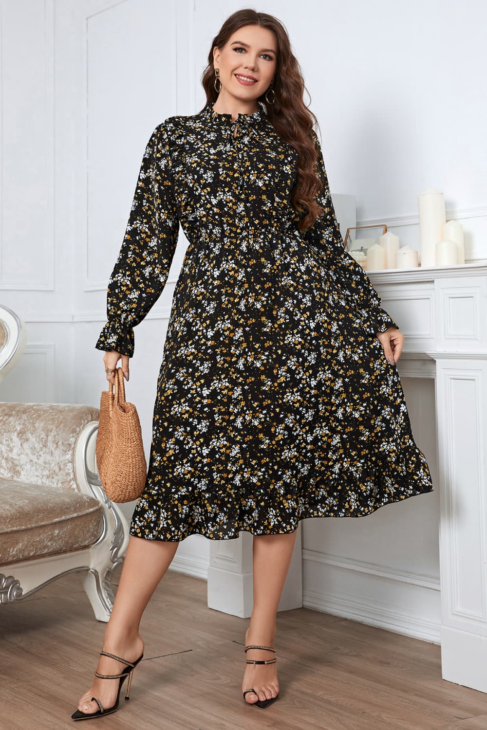 Melo Apparel Plus Size Floral Flounce Sleeve Midi Dress - The Beaucoup Home