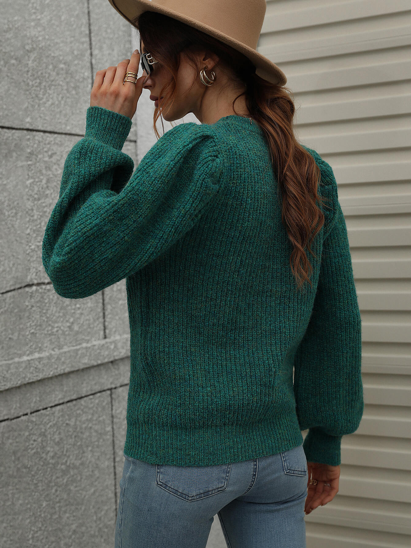 Woven Right Heathered Long Lantern Sleeve Rib-Knit Sweater - The Beaucoup Home