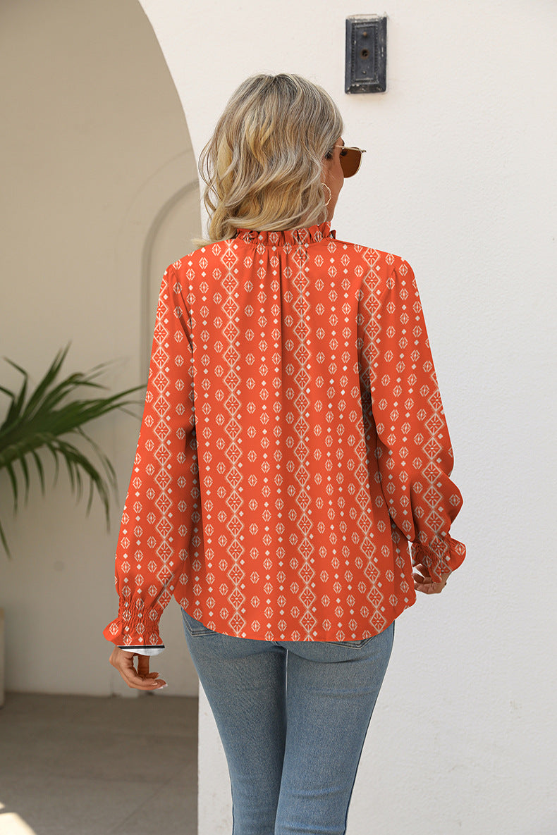 Printed Tie Neck Flounce Sleeve Blouse - The Beaucoup Home