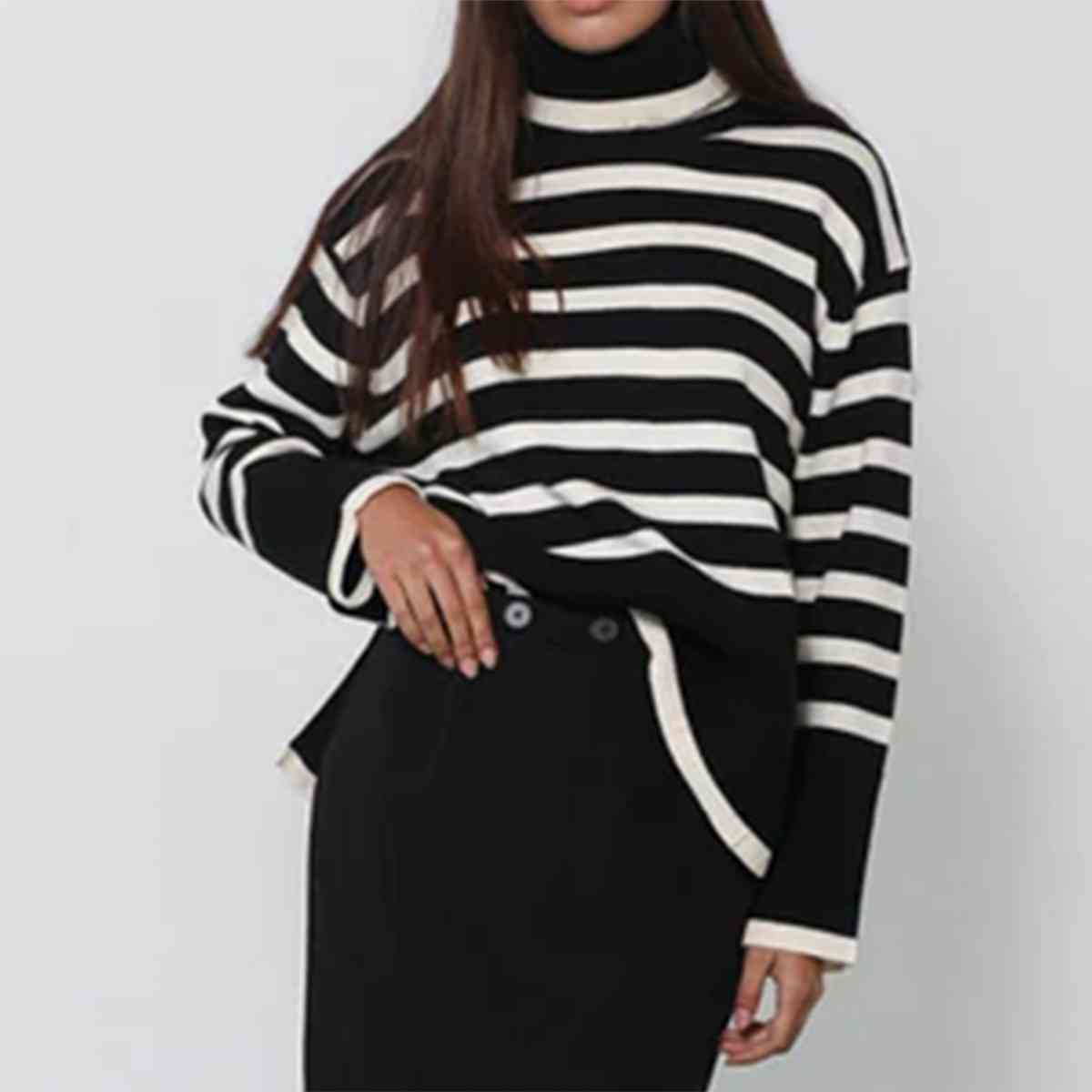 Striped Turtleneck Flare Sleeve Sweater - The Beaucoup Home