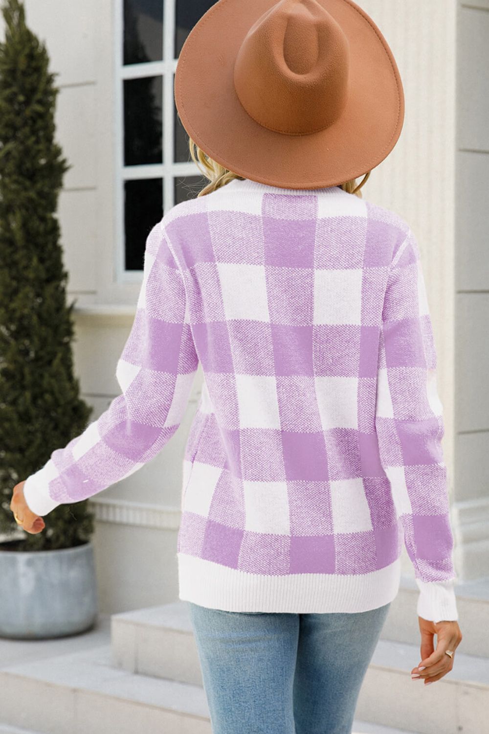 Checkered Ribbed Trim Knit Pullover - The Beaucoup Home