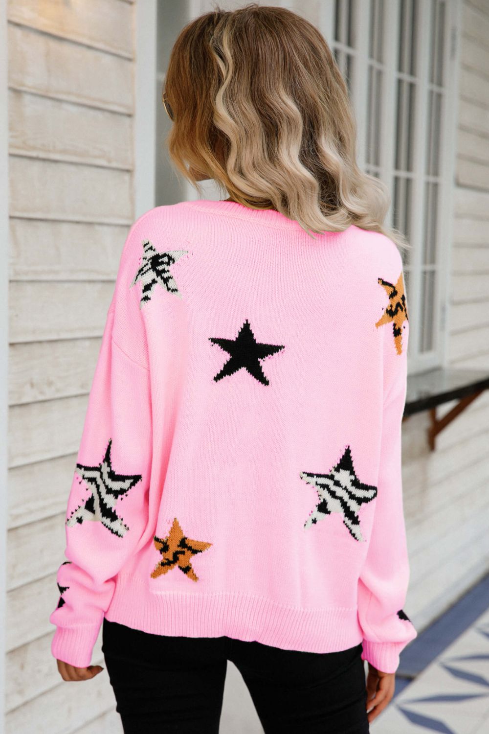 Star Pattern Round Neck Dropped Shoulder Sweater - The Beaucoup Home