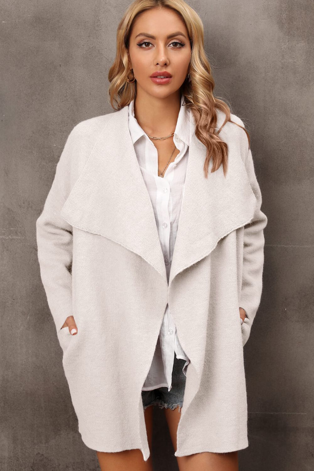 Waterfall Collar Longline Cardigan with Side Pockets - The Beaucoup Home