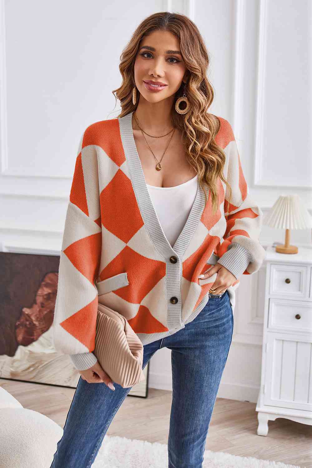 Geometric Lantern Sleeve Cardigan with Pockets - The Beaucoup Home