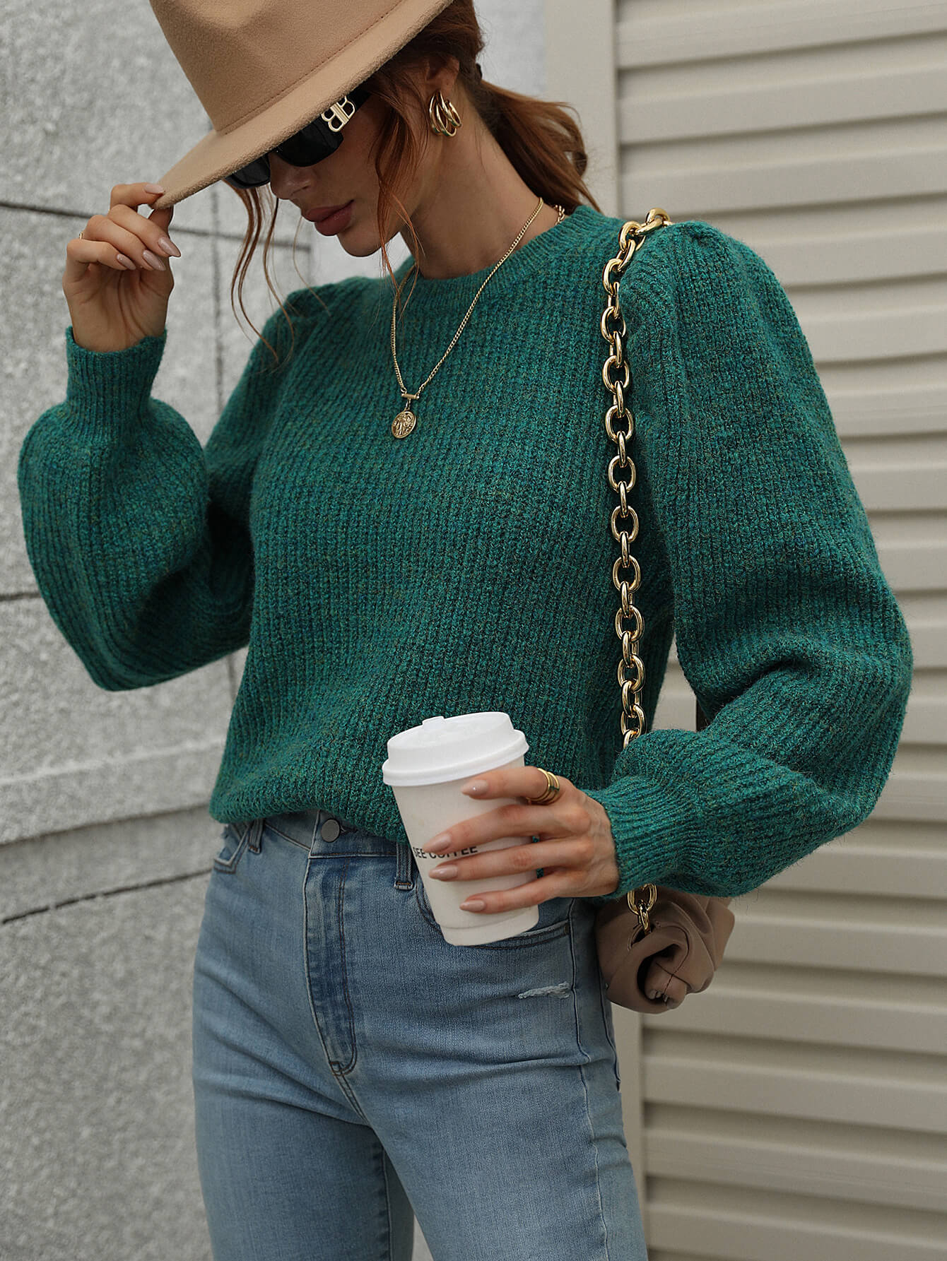 Woven Right Heathered Long Lantern Sleeve Rib-Knit Sweater - The Beaucoup Home