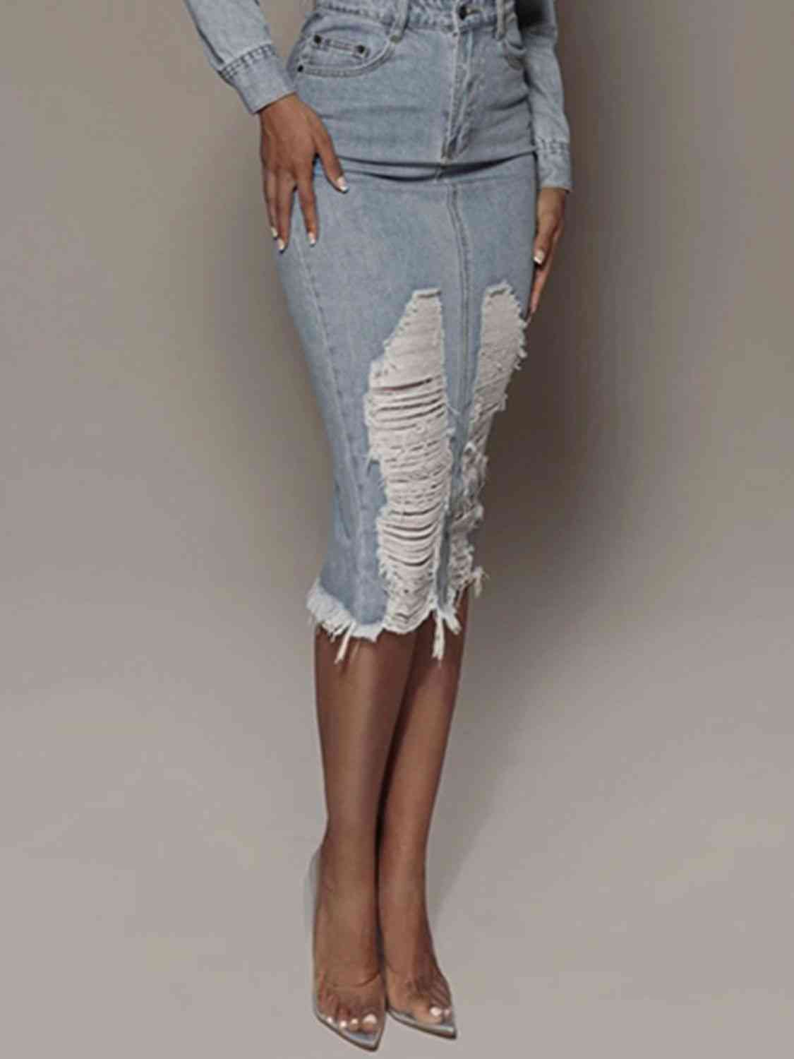 Distressed Slit Denim Skirt - The Beaucoup Home