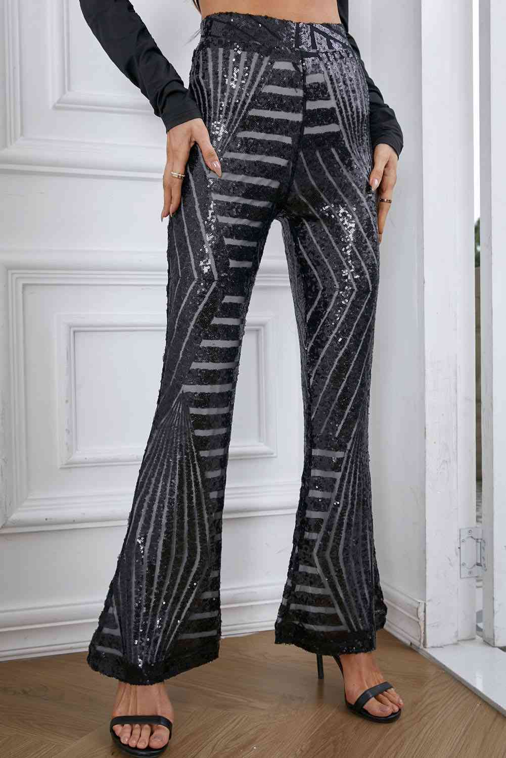 Double Take Sequin High Waist Flared Pants - The Beaucoup Home