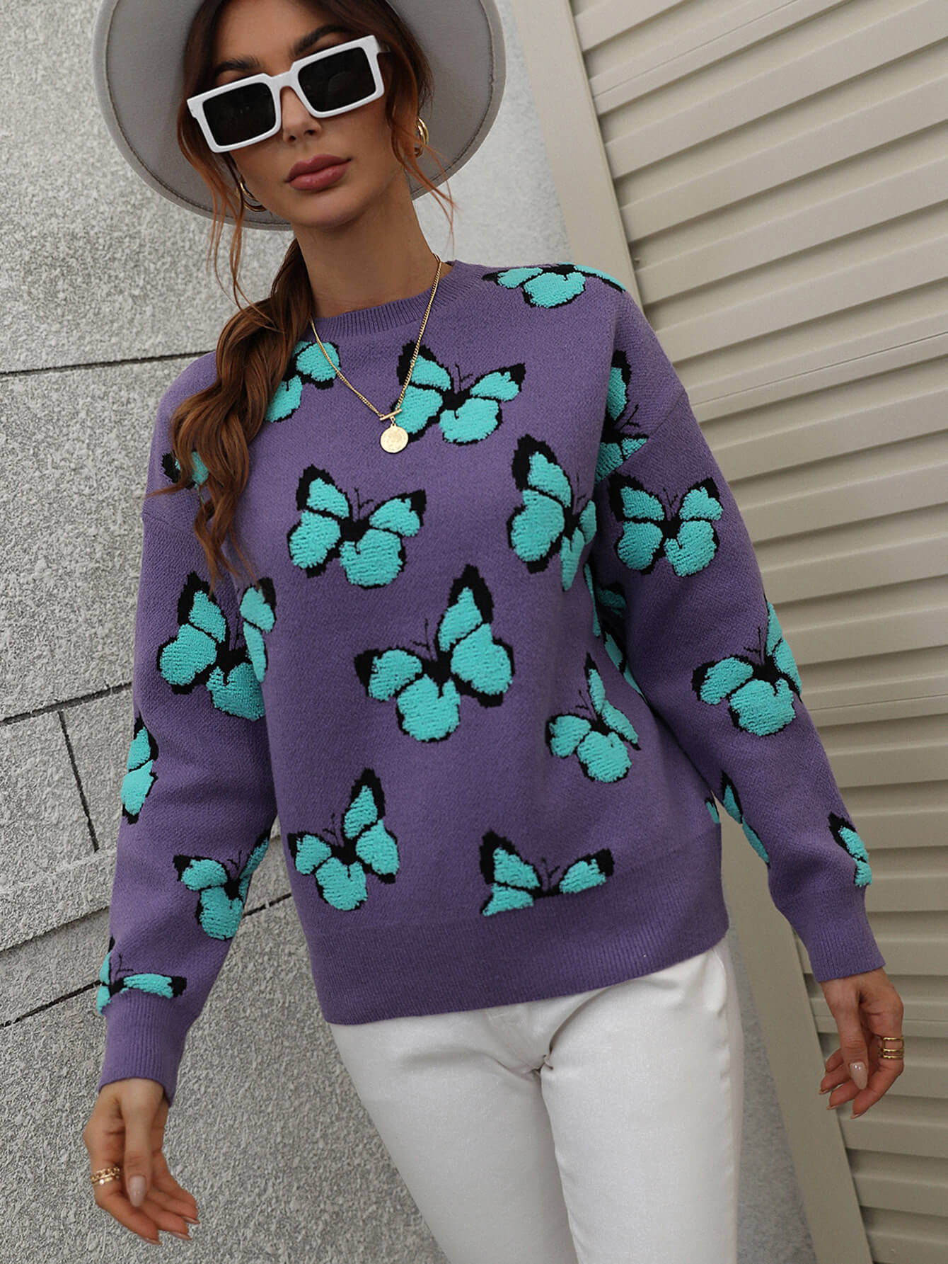 Woven Right Butterfly Dropped Shoulder Crewneck Sweater - The Beaucoup Home