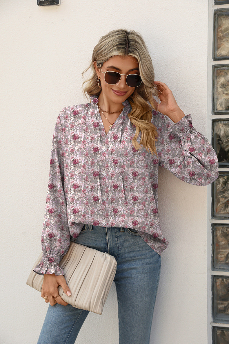 Printed Tie Neck Flounce Sleeve Blouse - The Beaucoup Home