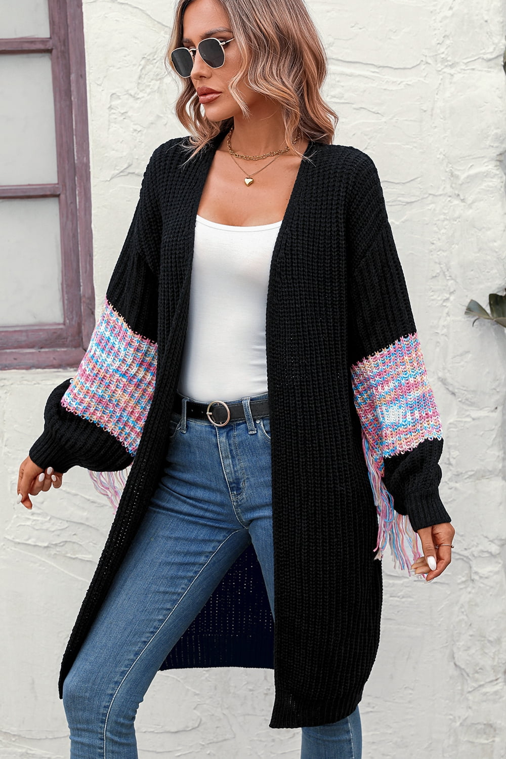 Fringe Sleeve Dropped Shoulder Cardigan - The Beaucoup Home