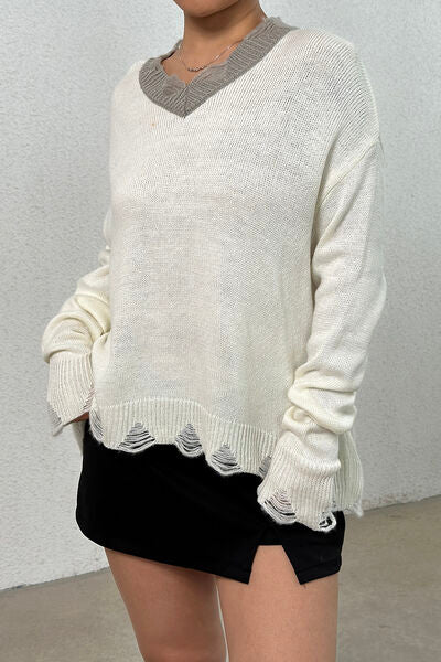 Distressed V-Neck Dropped Shoulder Sweater - The Beaucoup Home