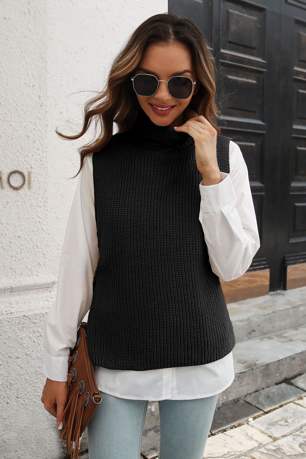 Ribbed Mock Neck Sleeveless Sweater Vest - The Beaucoup Home