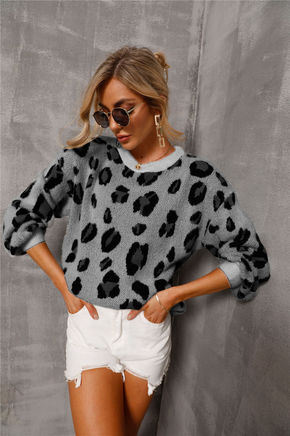 Animal Print Dropped Shoulder Knit Pullover - The Beaucoup Home