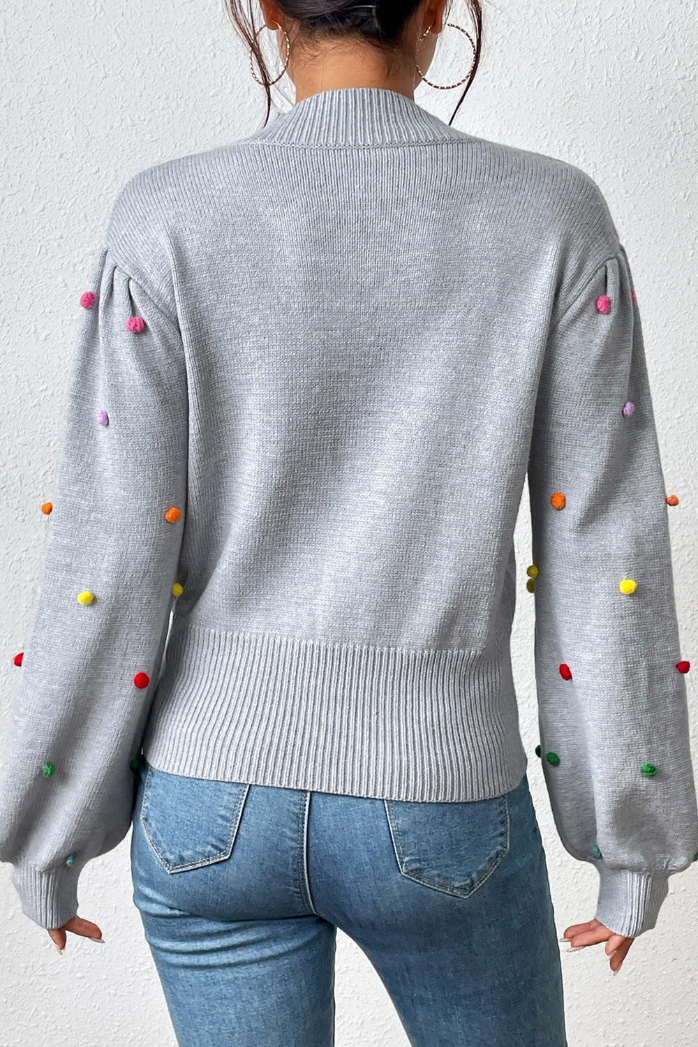 Pom-Pom Trim Mock Neck Long Sleeve Pullover Sweater - The Beaucoup Home