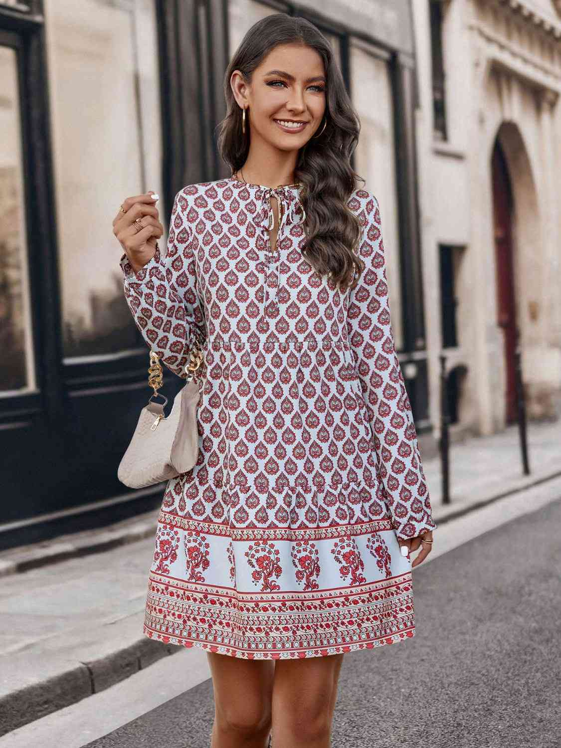 Printed Tie Neck Long Sleeve Dress - The Beaucoup Home