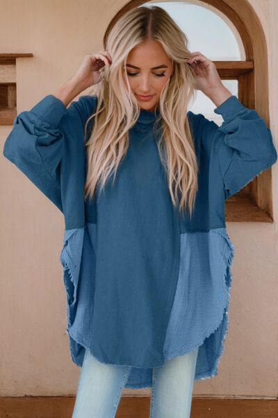 Contrast Texture Round Neck Long Sleeve Blouse - The Beaucoup Home