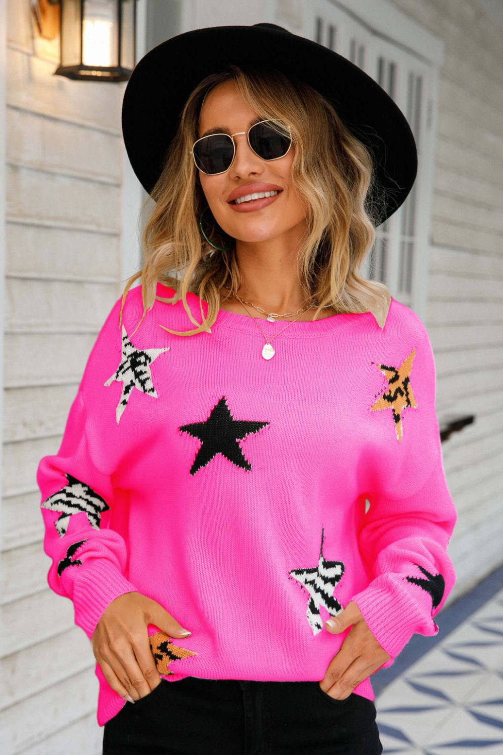 Star Pattern Round Neck Dropped Shoulder Sweater - The Beaucoup Home