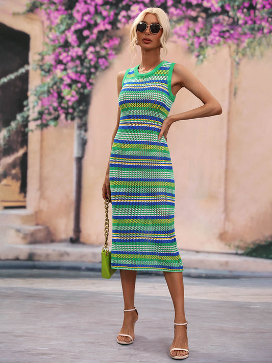 Striped Round Neck Sleeveless Midi Cover Up Dress - The Beaucoup Home