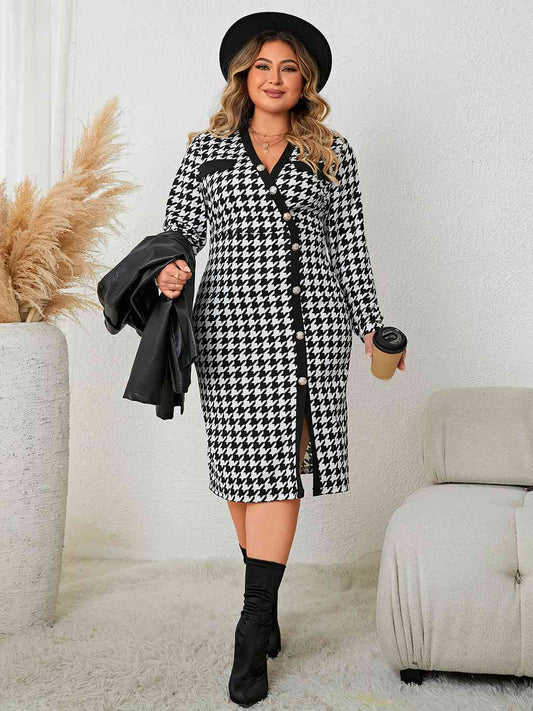 Plus Size Houndstooth Long Sleeve Slit Dress - The Beaucoup Home