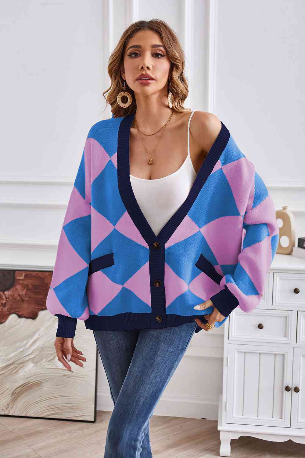 Geometric Lantern Sleeve Cardigan with Pockets - The Beaucoup Home