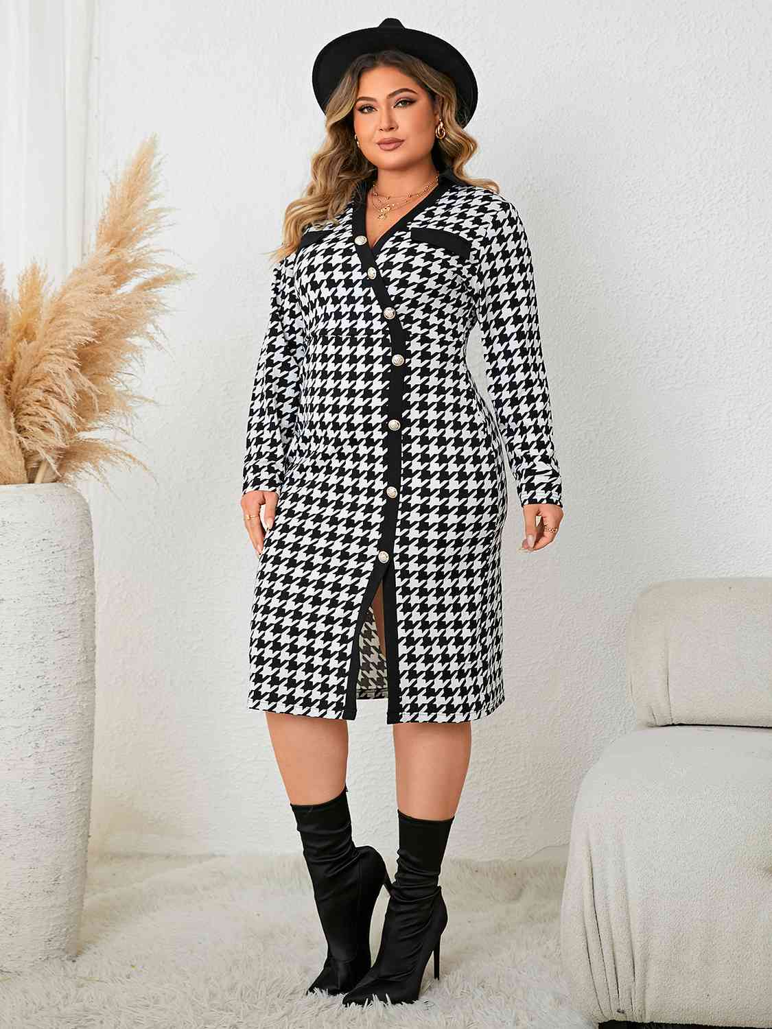 Plus Size Houndstooth Long Sleeve Slit Dress - The Beaucoup Home