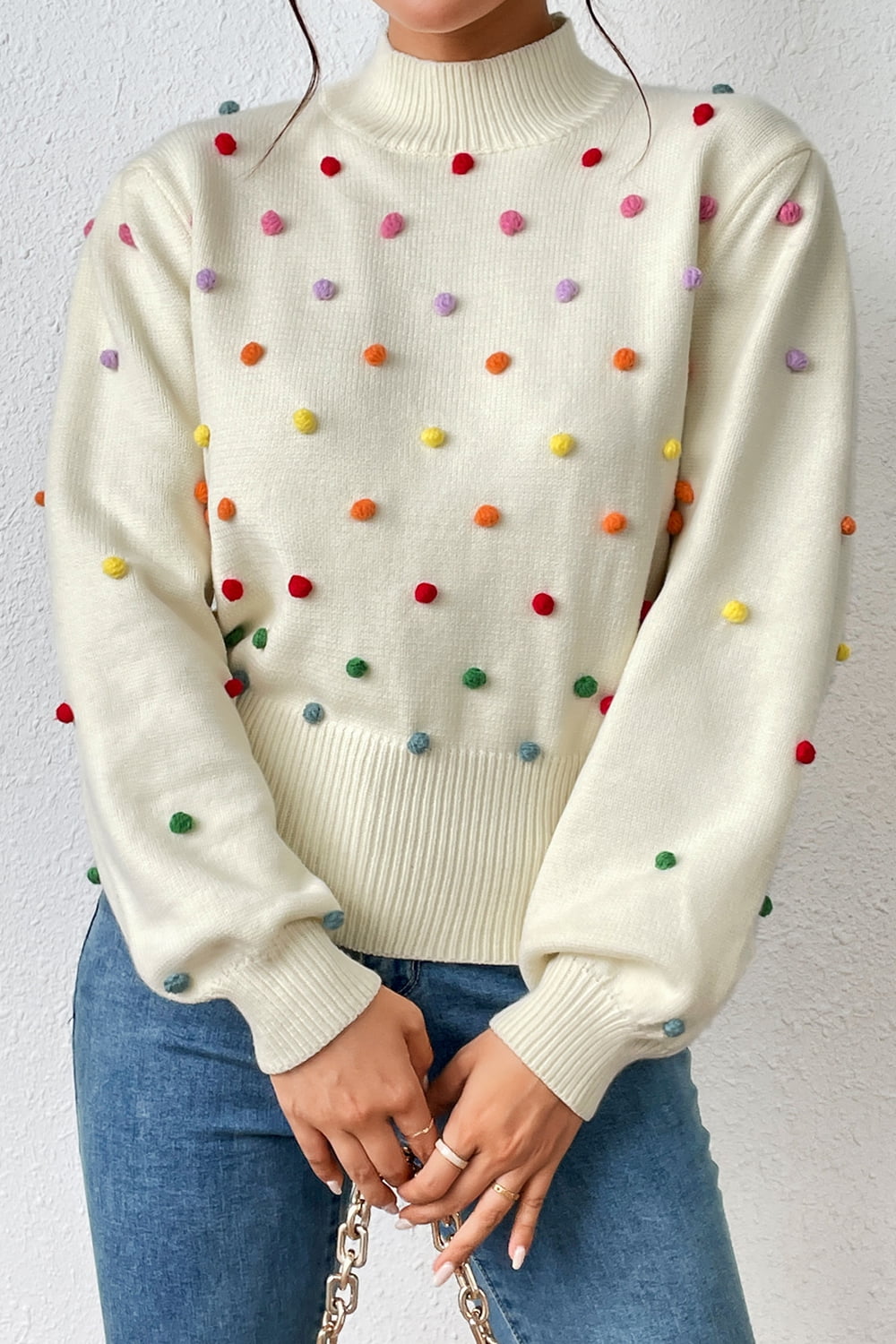 Pom-Pom Trim Mock Neck Long Sleeve Pullover Sweater - The Beaucoup Home