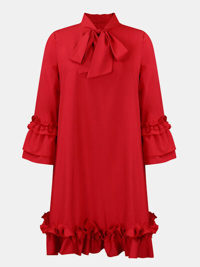 Frill Tie Neck Three-Quarter Sleeve Dress - The Beaucoup Home