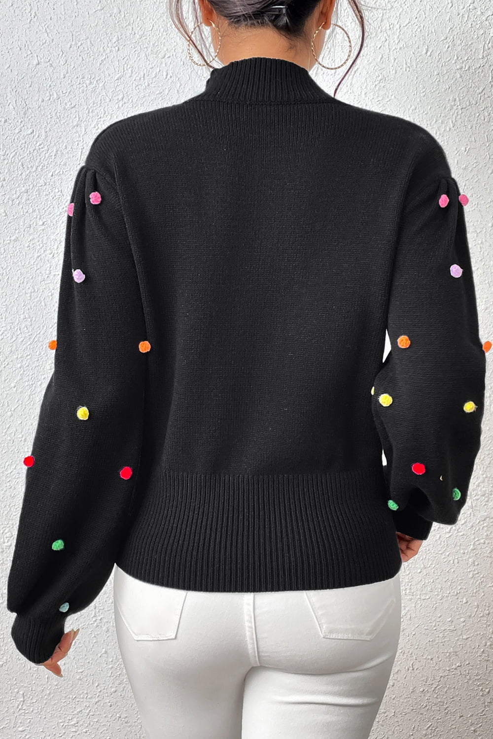 Pom-Pom Trim Mock Neck Long Sleeve Pullover Sweater - The Beaucoup Home