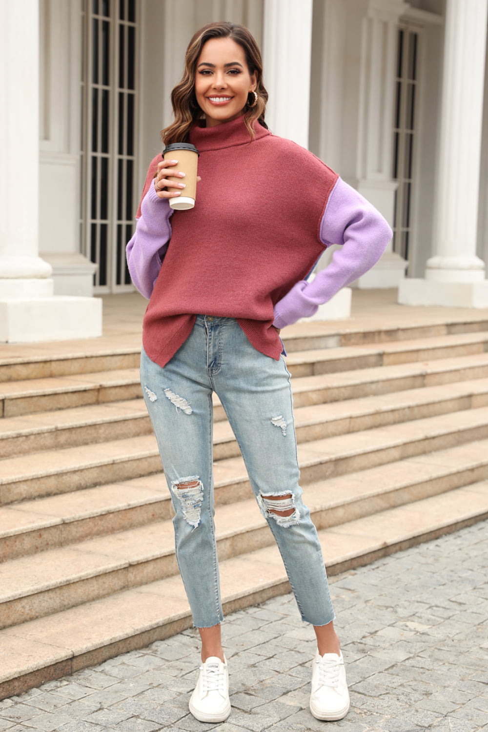 Double Take Color Block Turtleneck Slit Sweater - The Beaucoup Home