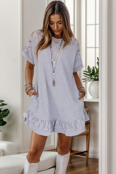 Lace Detail Round Neck Short Sleeve Dress - The Beaucoup Home