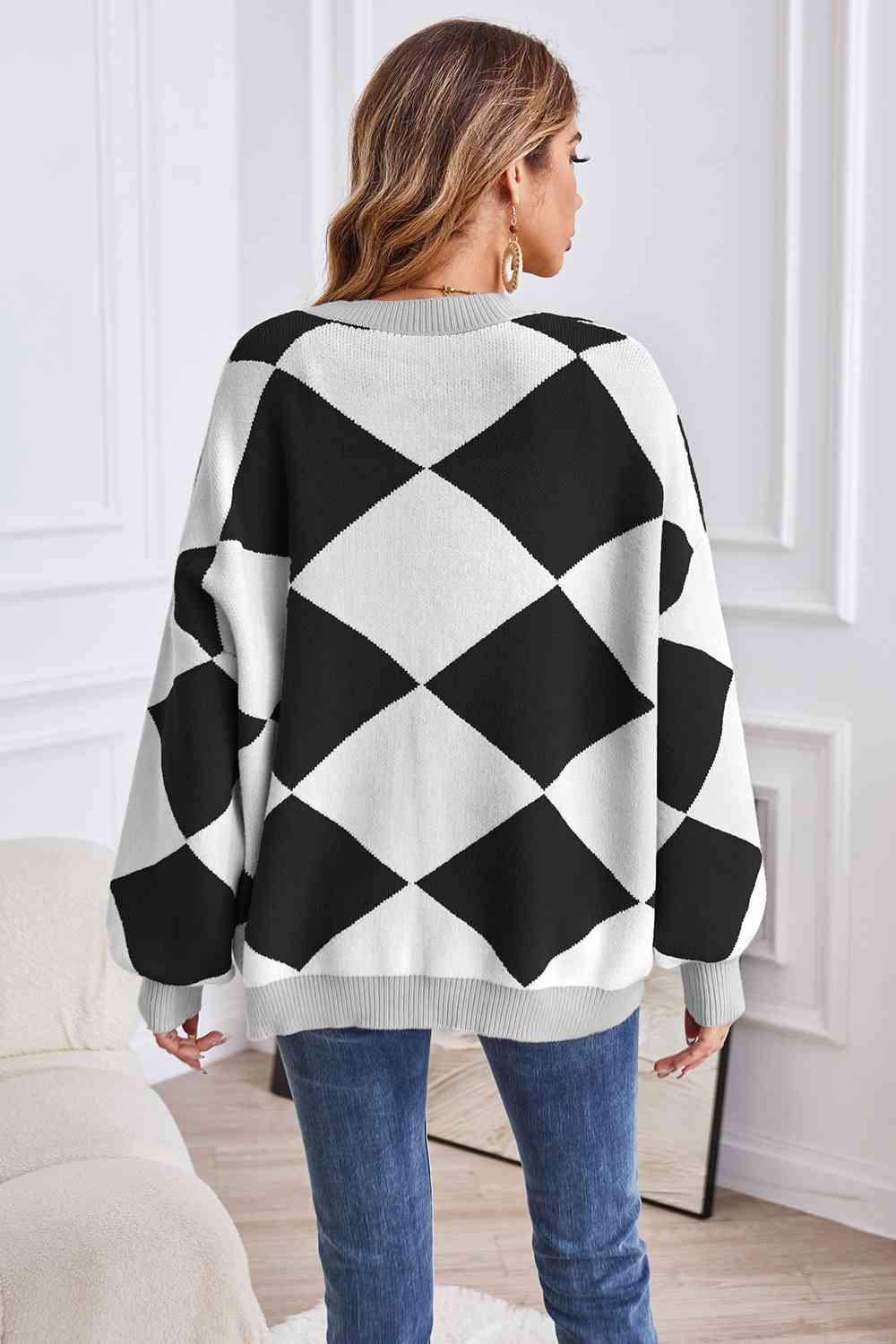 Geometric Lantern Sleeve Cardigan with Pockets - The Beaucoup Home