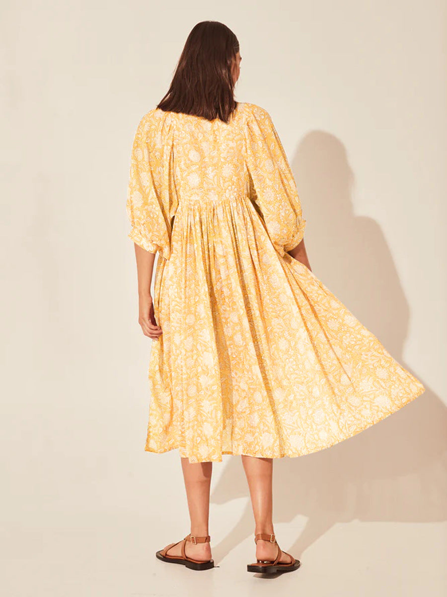 Floral Tie Neck Lantern Sleeve Dress - The Beaucoup Home