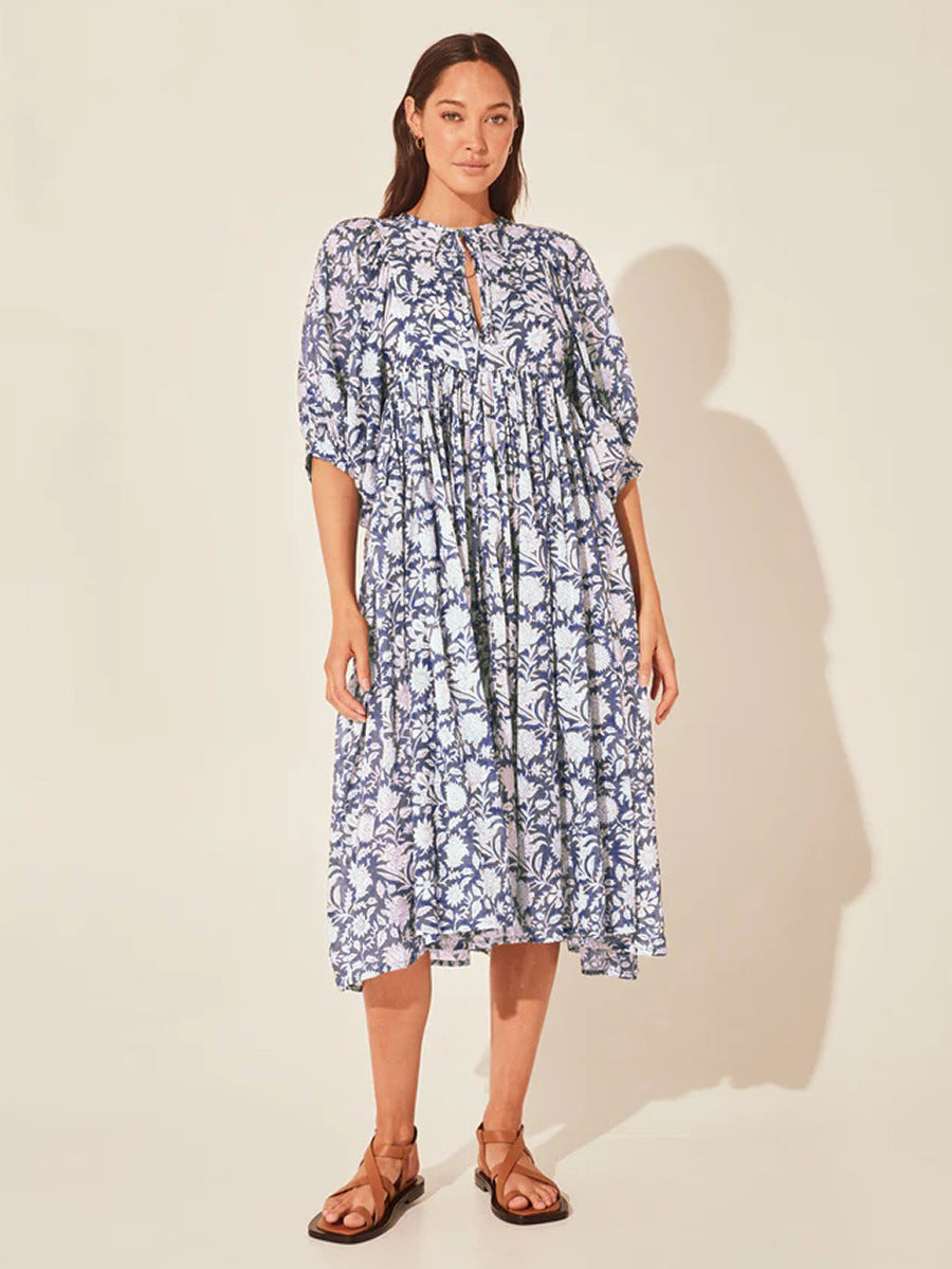 Floral Tie Neck Lantern Sleeve Dress - The Beaucoup Home