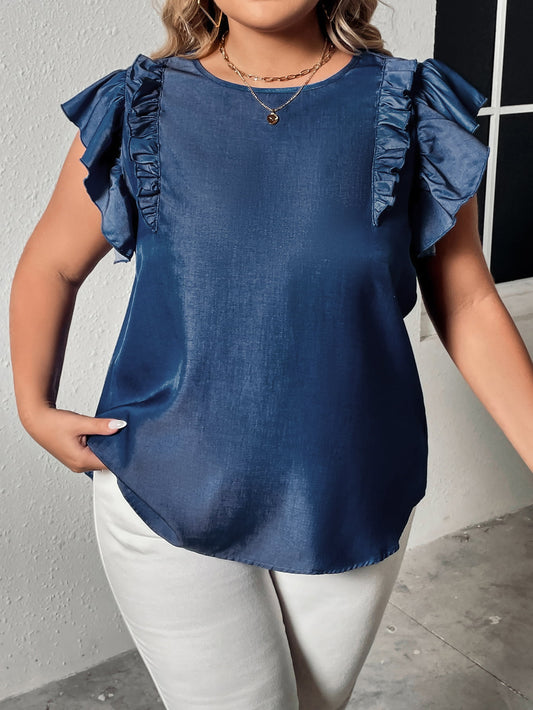 Plus Size Round Neck Flounce Sleeve Frill Trim Blouse - The Beaucoup Home