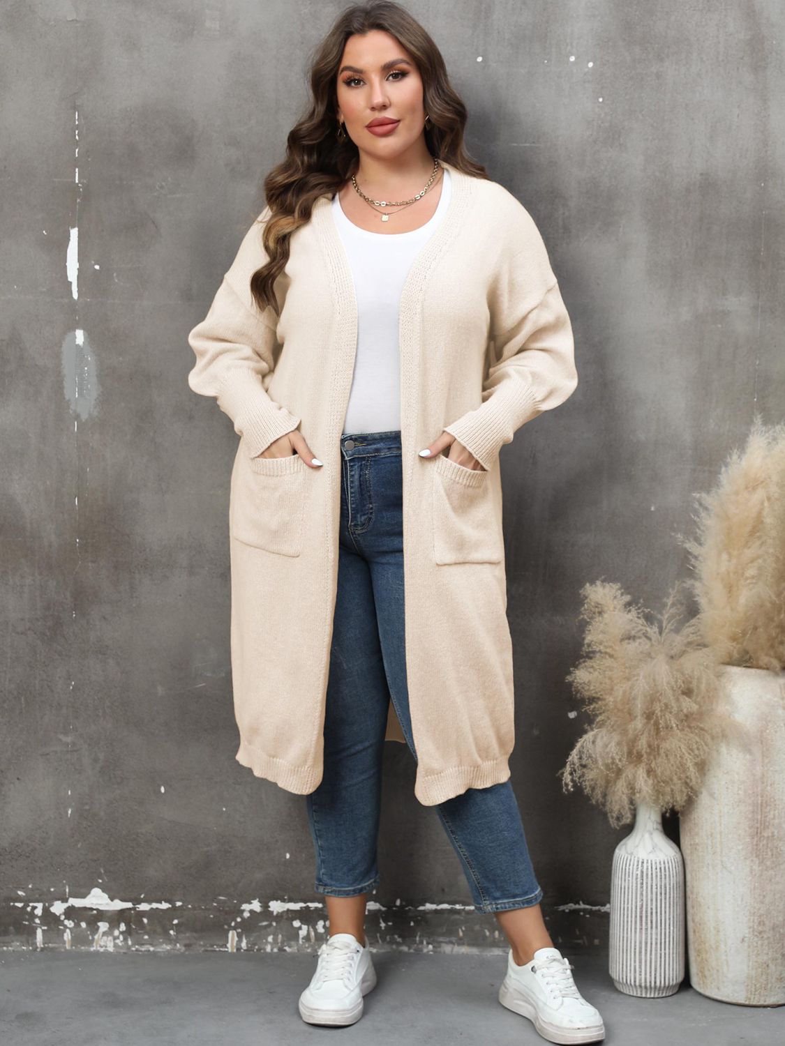 Plus Size Long Sleeve Pocketed Cardigan - The Beaucoup Home